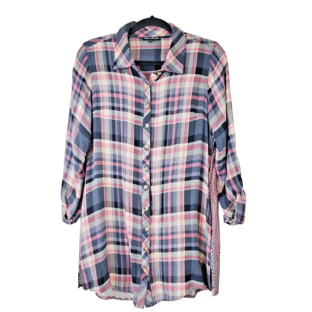 Tolani Plaid Flannel Top Womens Small Tunic Pockets Contrast Back Bohemian Pink